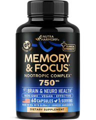 Brain supplement bottle labeled memory & focus 750 mg with 60 capsules