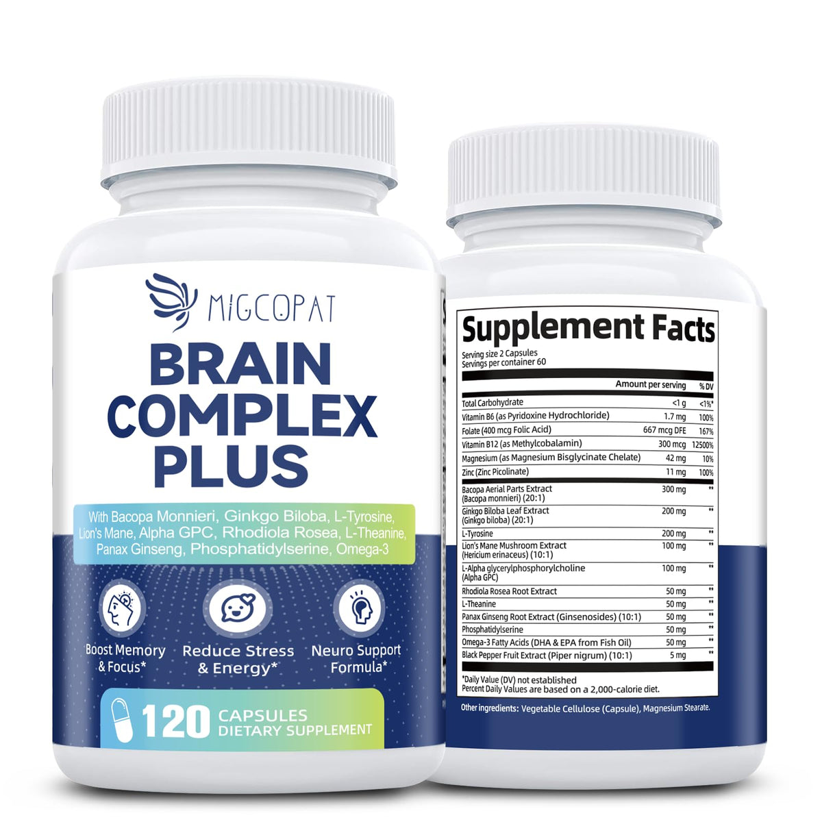 Bottle of Brain Supplements for Memory and Focus (120 capsules)
