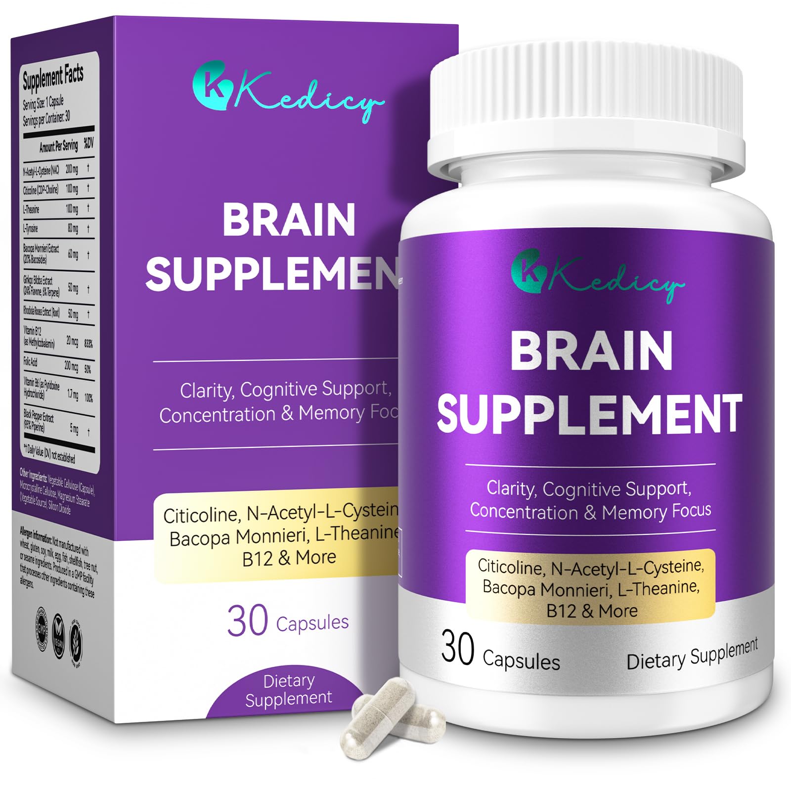 Kedicy Brain Supplements bottle and capsules