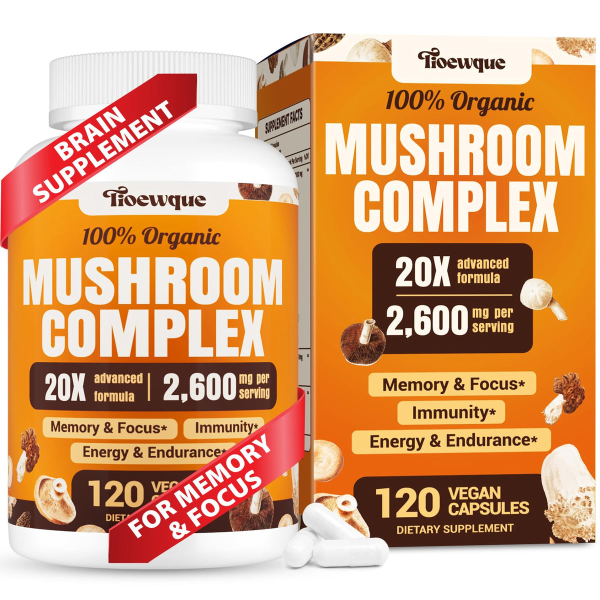 20-in-1 mushroom complex hero image featuring Lion's Mane and Reishi capsules