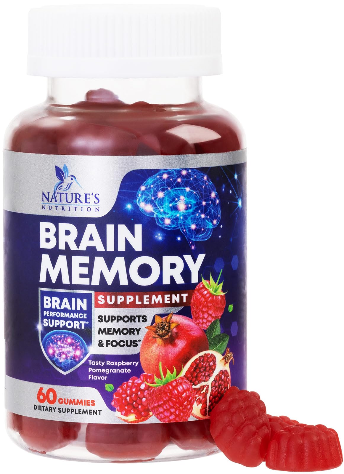 Brain supplements bottle with memory and focus gummies