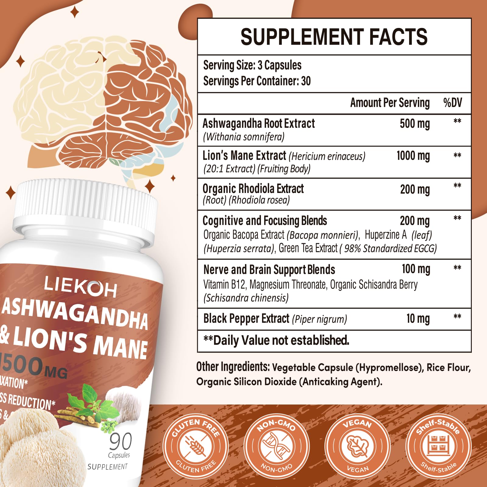 Brain-support capsules featuring Ashwagandha and Lions Mane