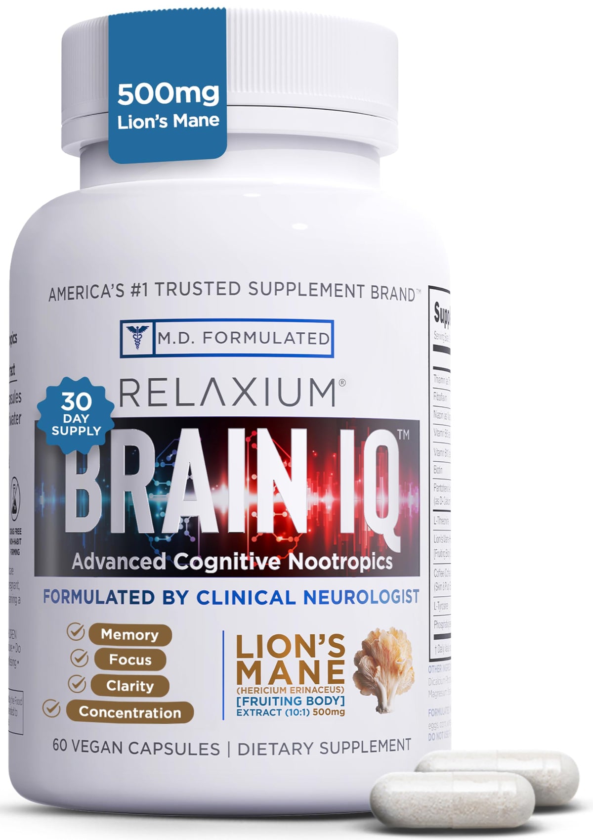 Relaxium BrainIQ bottle featuring Lion's Mane nootropics