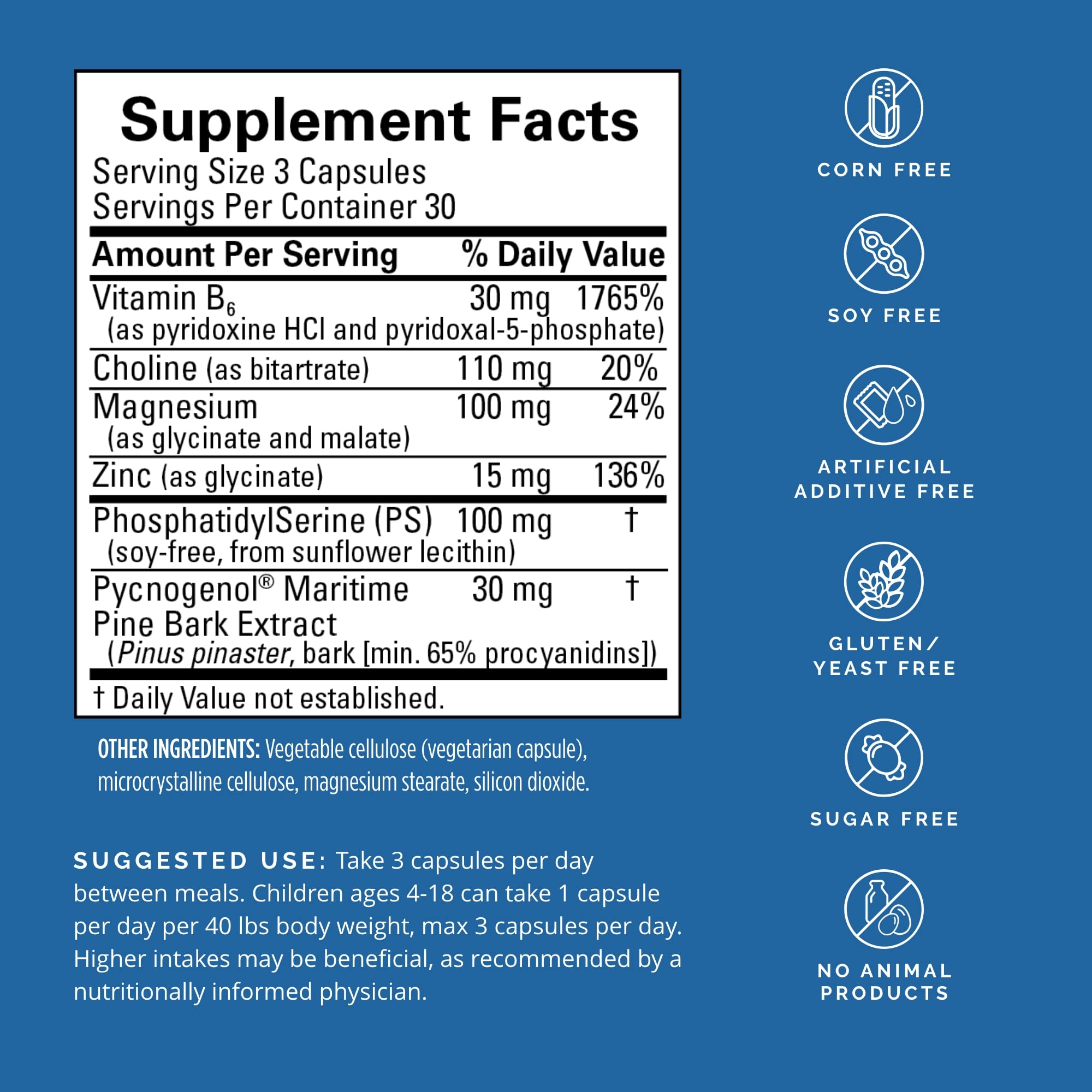 Attention Support bottle label close-up showing gluten-free claim