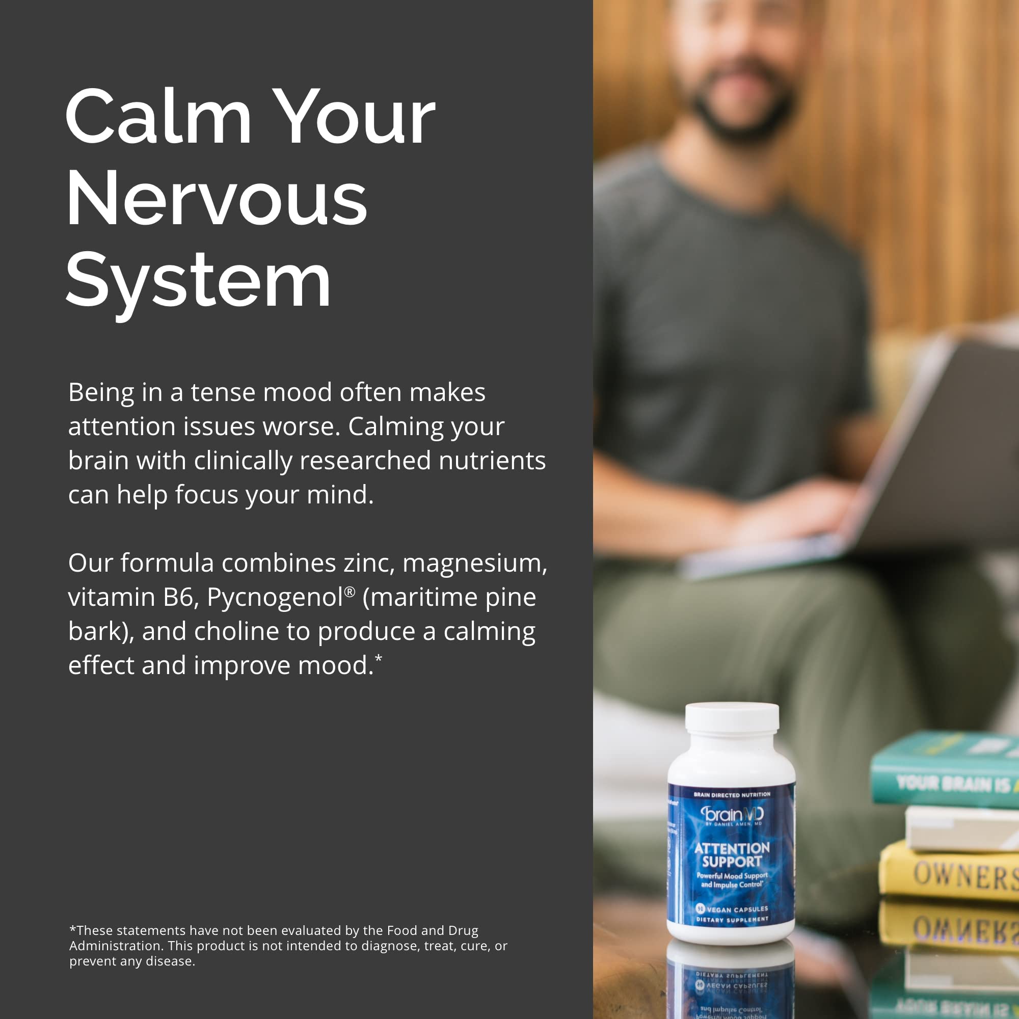 Attention Support capsules arranged on a clean background