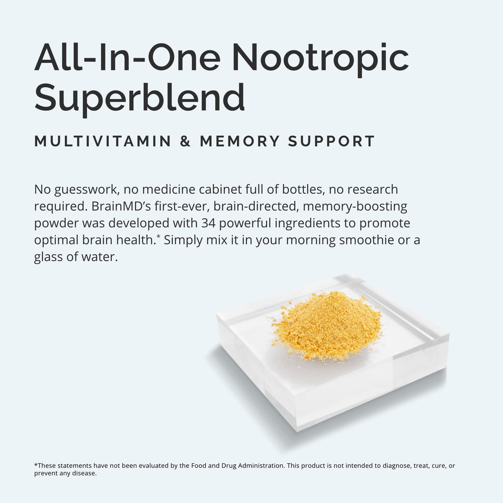 Powder being mixed with water for BrainMD BRIGHT MINDS Memory Multi