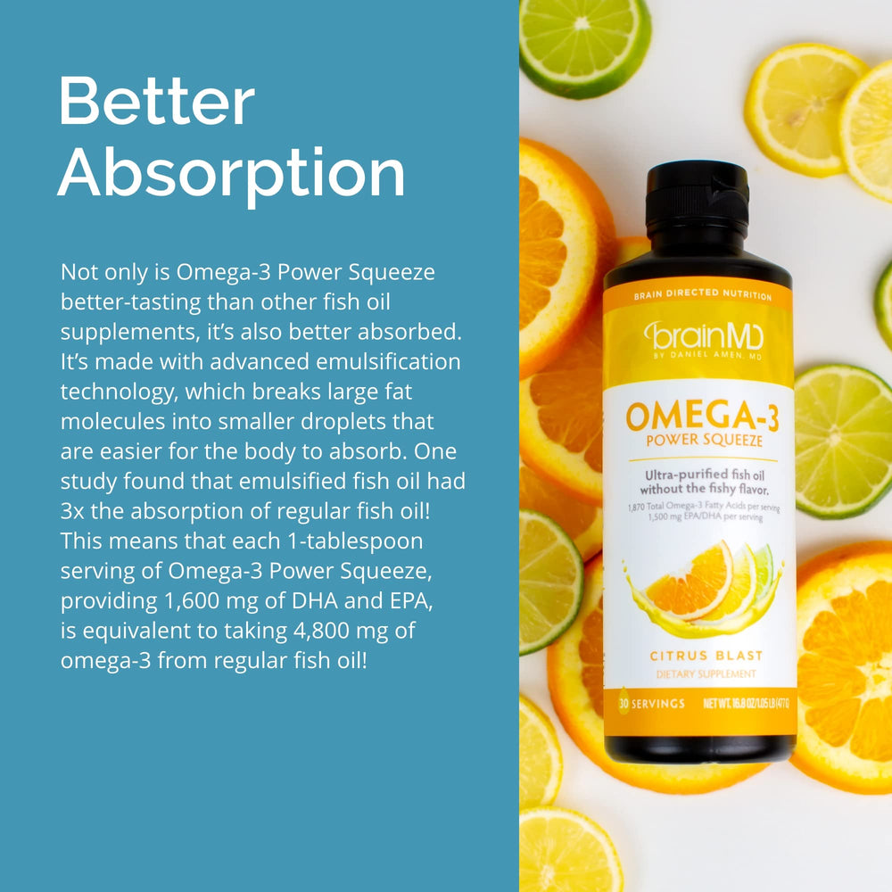 Close-up view of the Citrus Blast Omega-3 Power Squeeze bottle