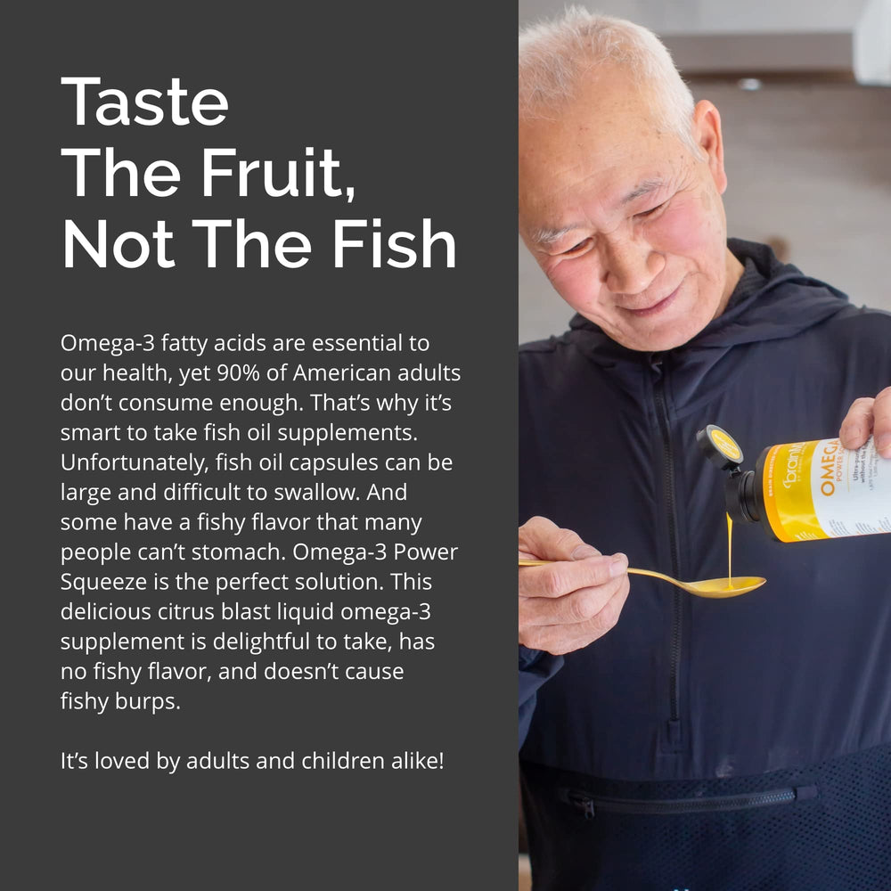 Usage and dosage information for 30 servings of Omega-3 Power Squeeze Citrus Blast