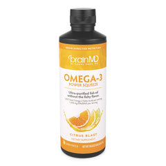 Front label of BRAINMD Dr Amen Omega-3 Power Squeeze Citrus Blast 16.8 oz bottle