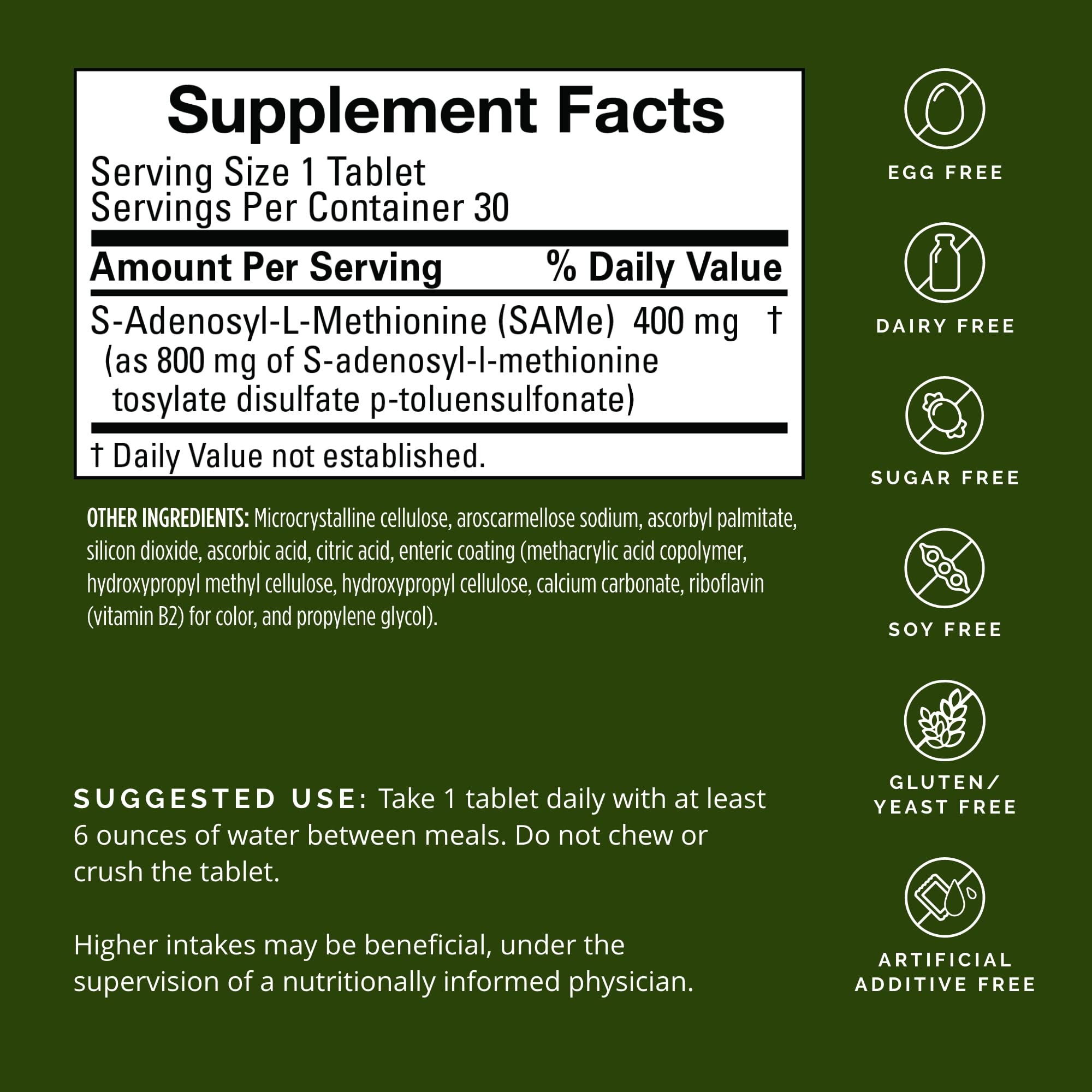 Close-up of BrainMD SAMe 400 mg label for gluten-free tablets