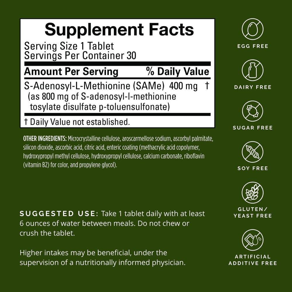 Close-up of BrainMD SAMe 400 mg label for gluten-free tablets