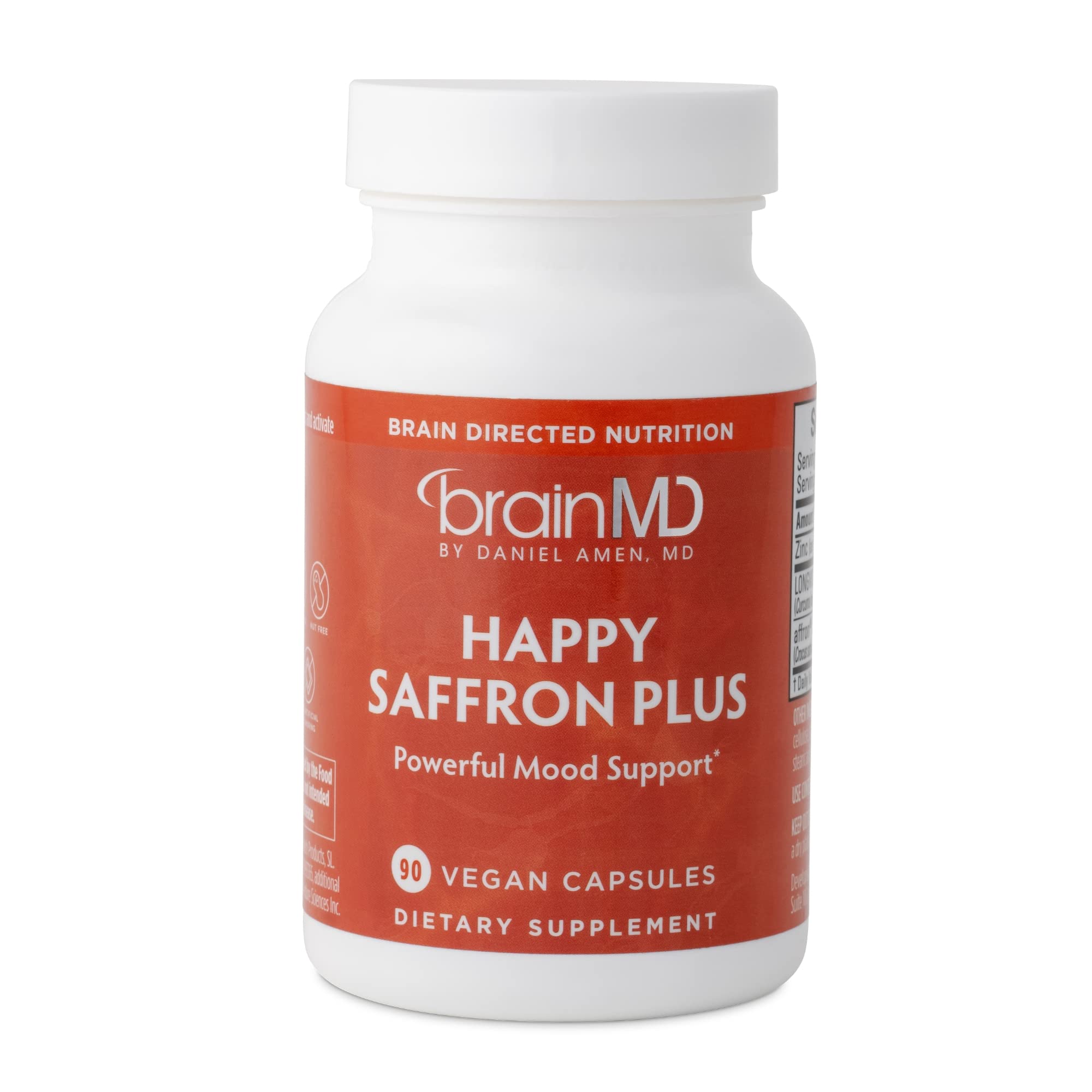 BrainMD Happy Saffron Plus bottle label with 90 capsules