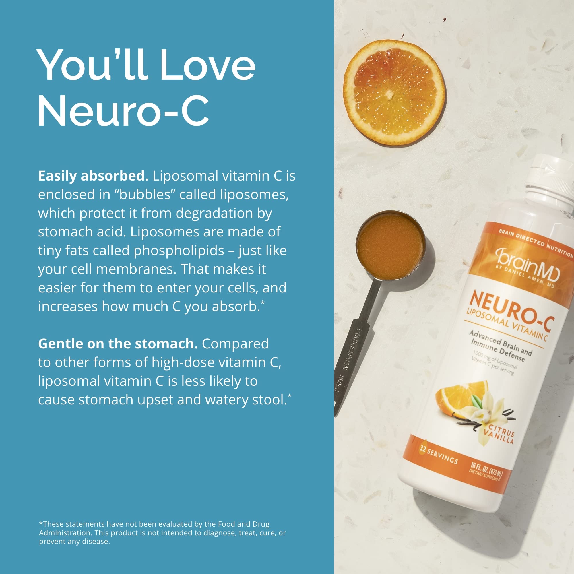 BrainMD Neuro-C Citrus Vanilla packaging on white background (gluten-free)