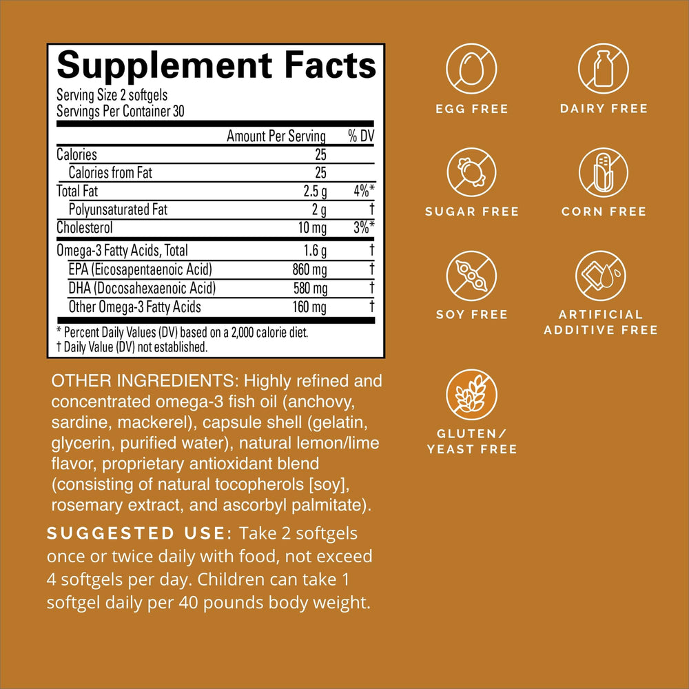 Close-up of BrainMD Omega-3 Power label showing DHA and EPA content