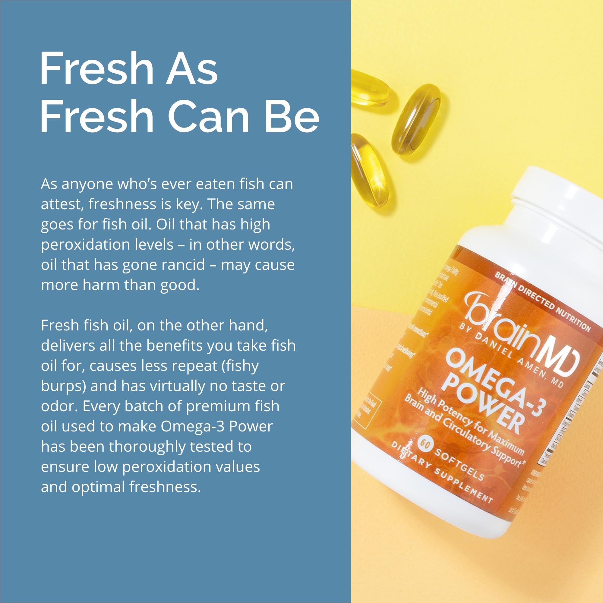 Back view of BrainMD Omega-3 Power bottle with directions