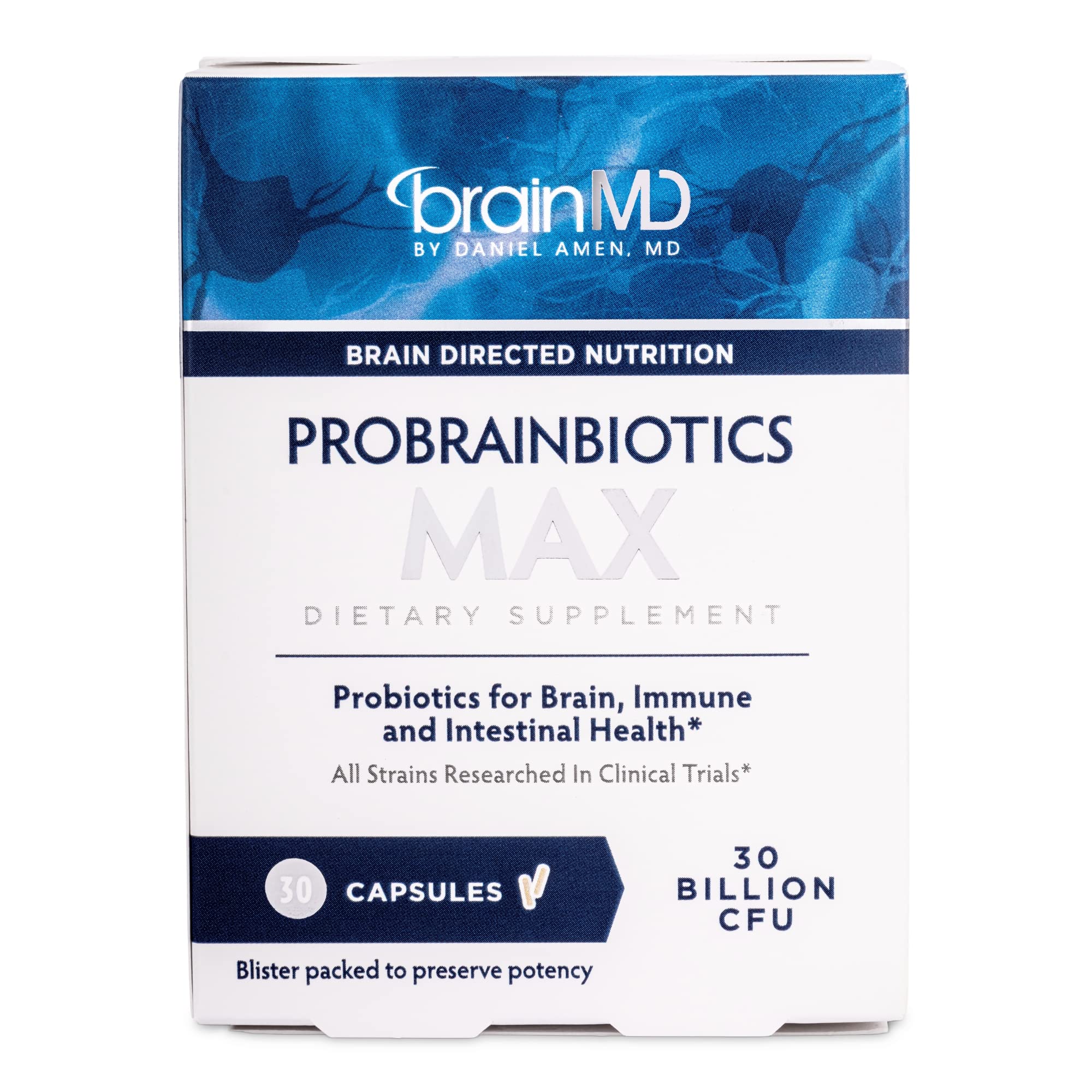 Front view of BrainMD ProBrainBiotics MAX 30 capsules bottle