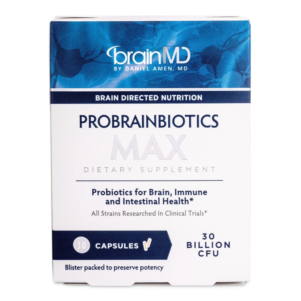 Front view of BrainMD ProBrainBiotics MAX 30 capsules bottle