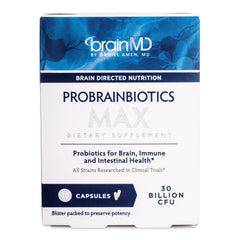 Front view of BrainMD ProBrainBiotics MAX 30 capsules bottle