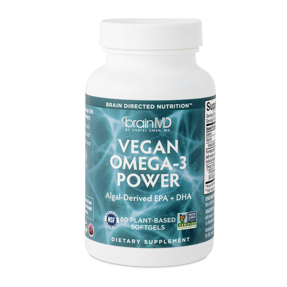 BrainMD Dr Amen Vegan Omega-3 Power bottle with 60 vegan softgels
