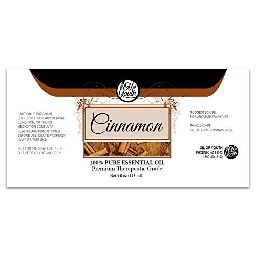 Brand logo and cinnamon essential oil bottle