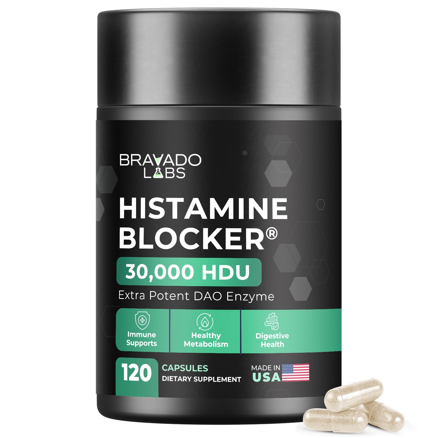 Bravado Labs DAO Histamine Blocker packaging with 120 capsules