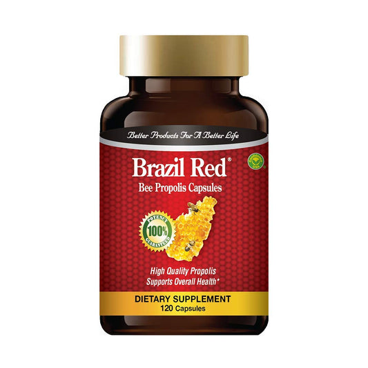 Brazilian Red Bee Propolis bottle close-up - 120 capsules