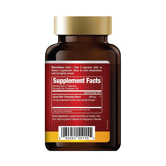 Front view of Brazil Red Bee Propolis 120-capsule bottle
