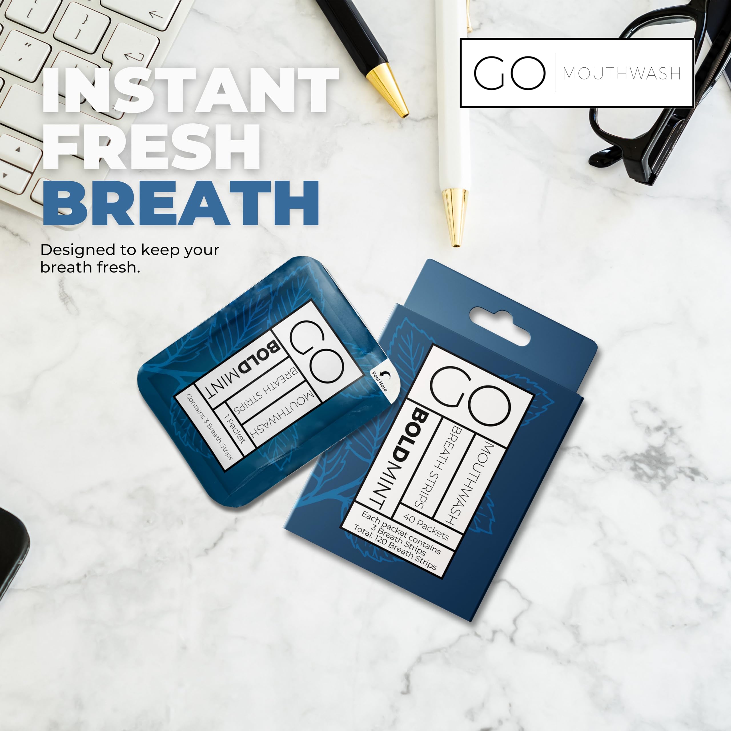 Bold peppermint GO Breath Strips dissolving on tongue