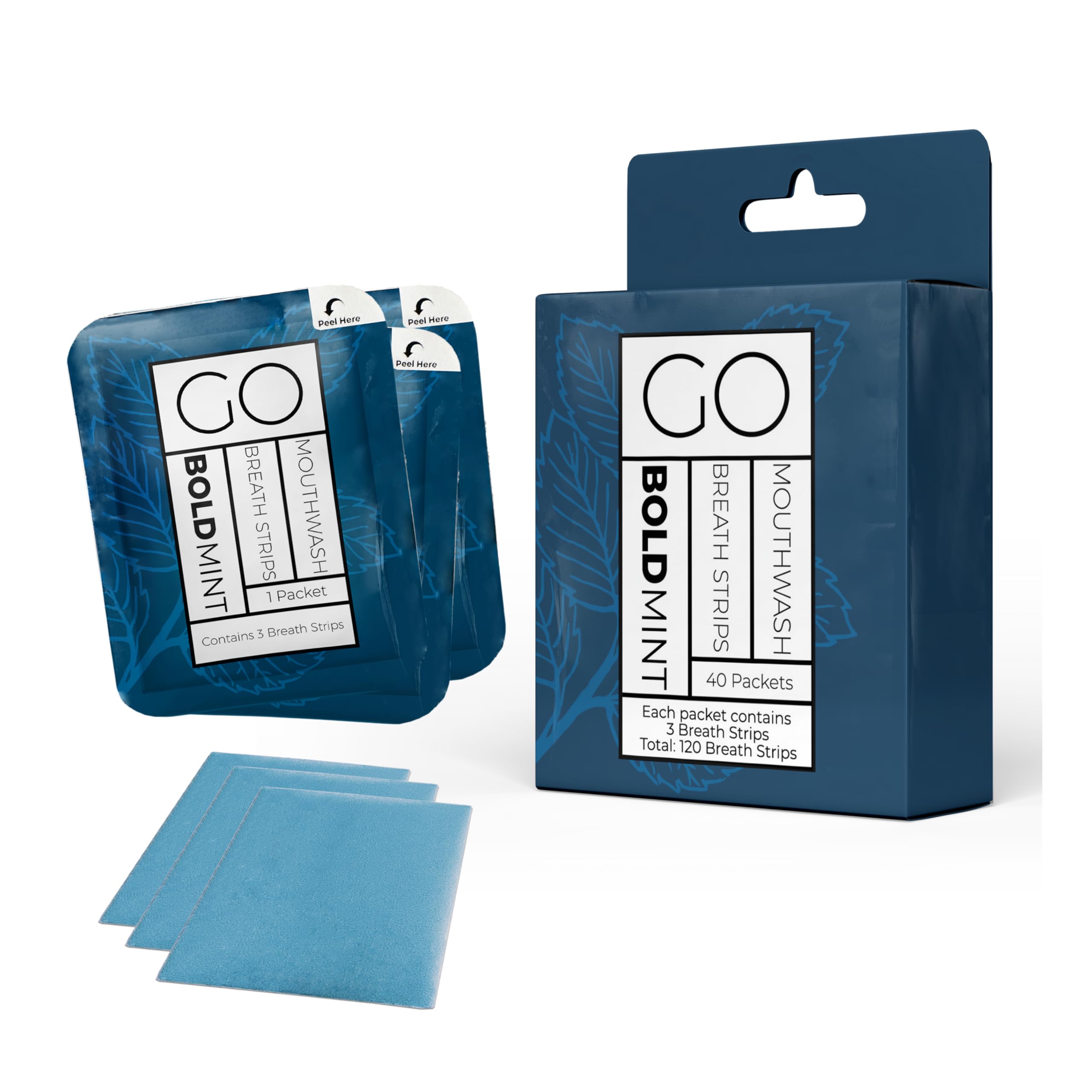 Bold mint GO Breath Strips with mint leaves in the background
