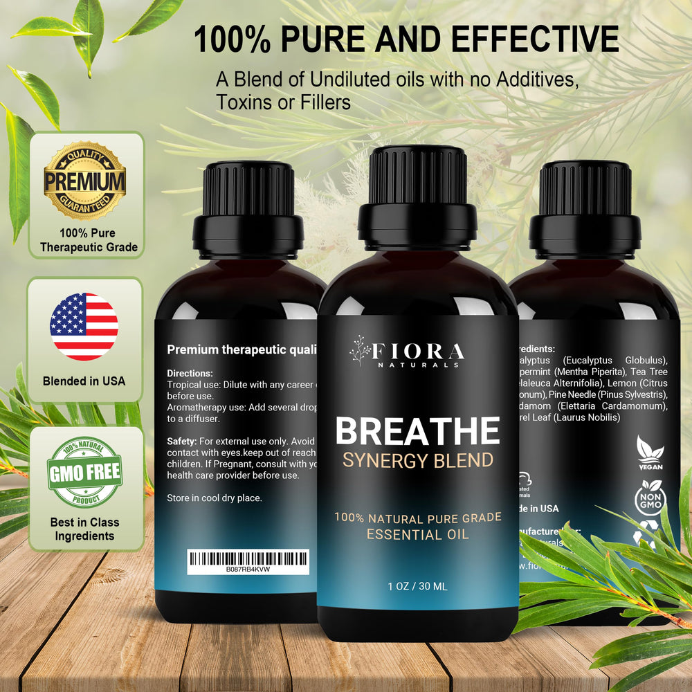 Amber glass bottle of Breathe essential oil with label