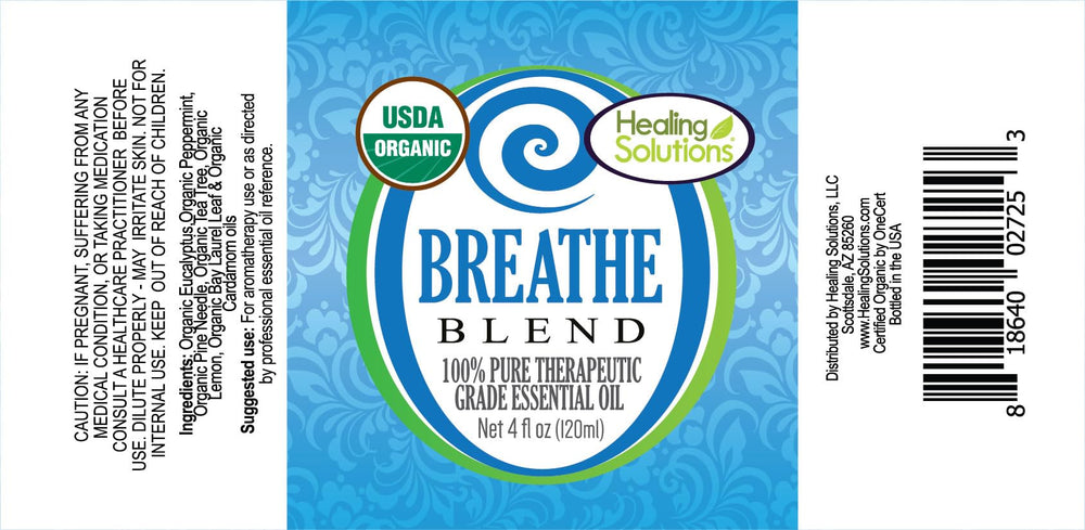 Close-up of organic breathe oil bottle for home use