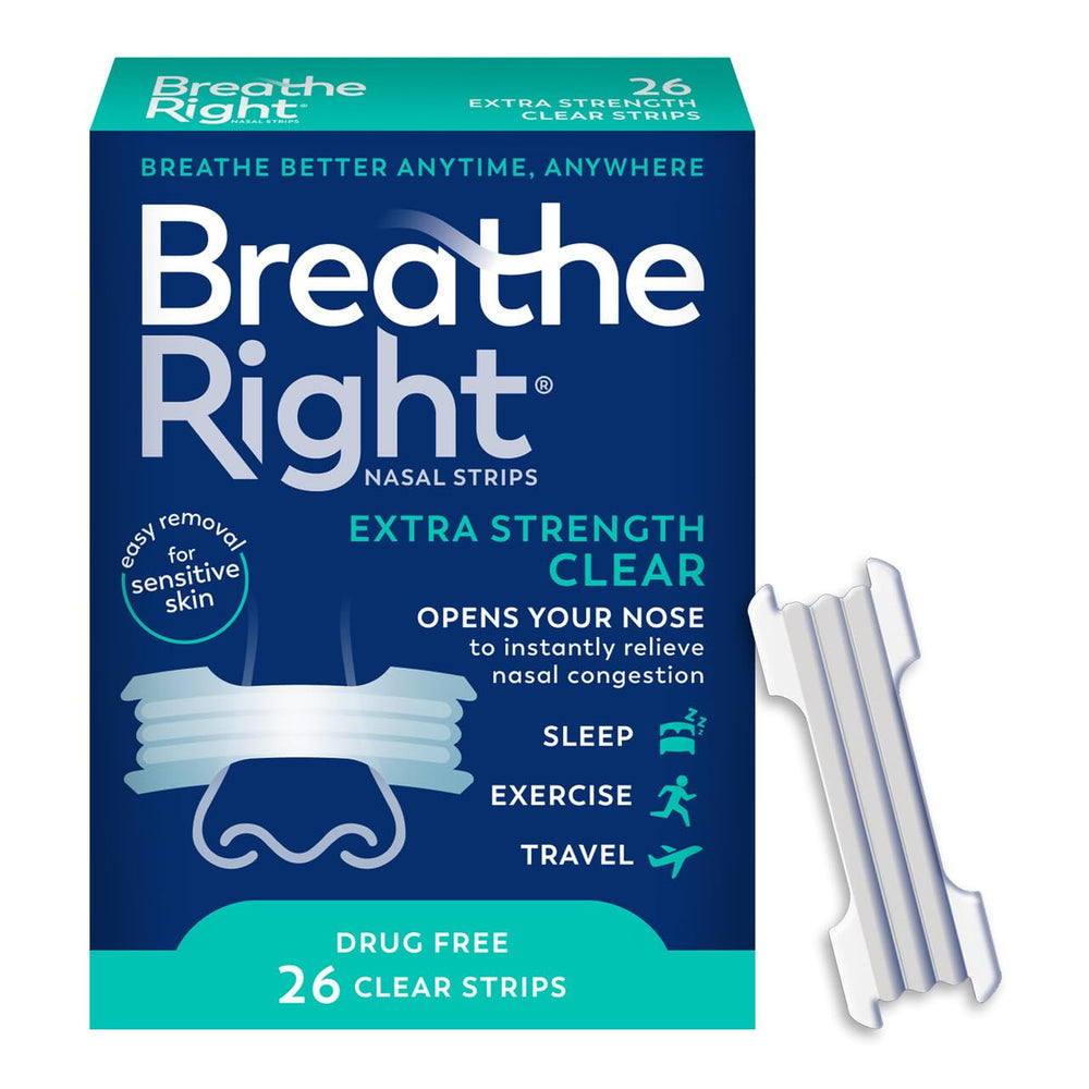Breathe Right extra-strength clear strips in package for easier breathing.