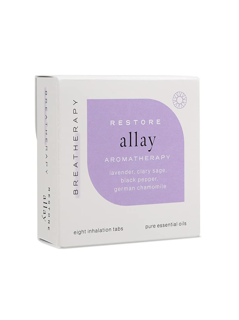 Breatherapy Allay Patches pack open, lavender tones suggest calm relaxation.