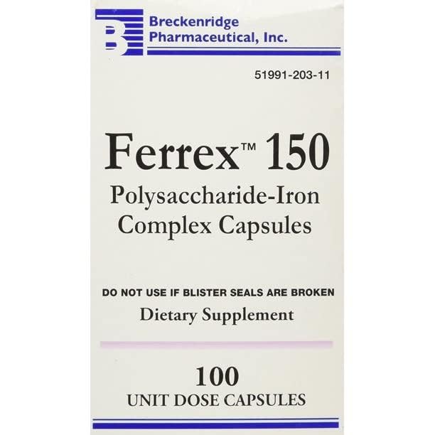 Close-up of Breckenridge Ferrex 150 iron complex capsules