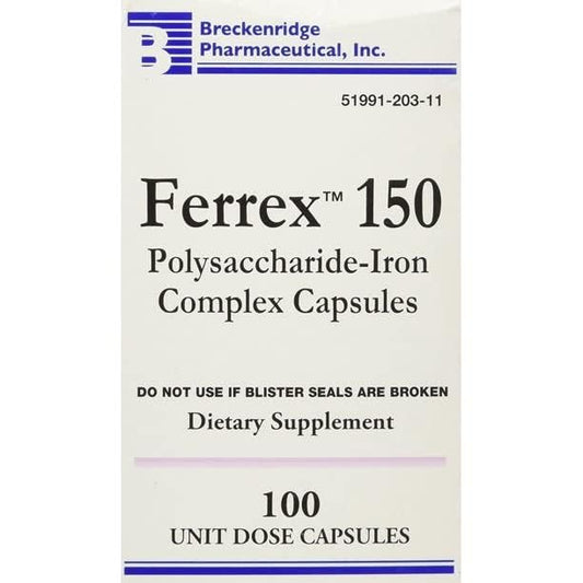 Close-up of Breckenridge Ferrex 150 iron complex capsules