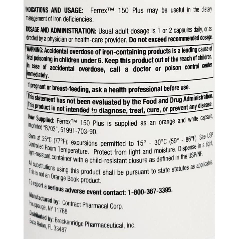 Breckenridge Ferrex 150 Polysaccharide Iron Complex bottle label