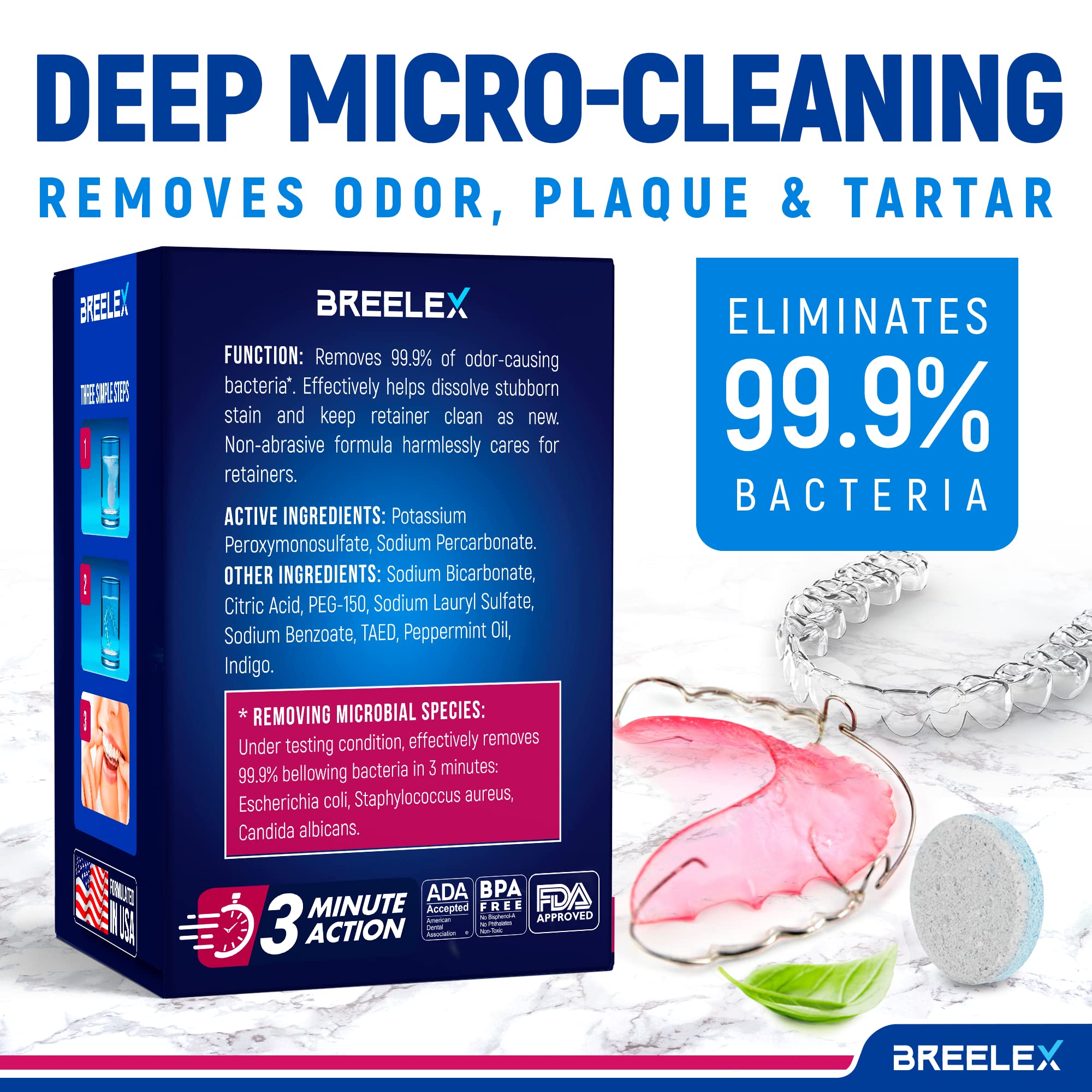 Graphic illustrating Breelex dental appliance cleaner tablets for dentures and guards