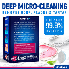 Graphic illustrating Breelex dental appliance cleaner tablets for dentures and guards