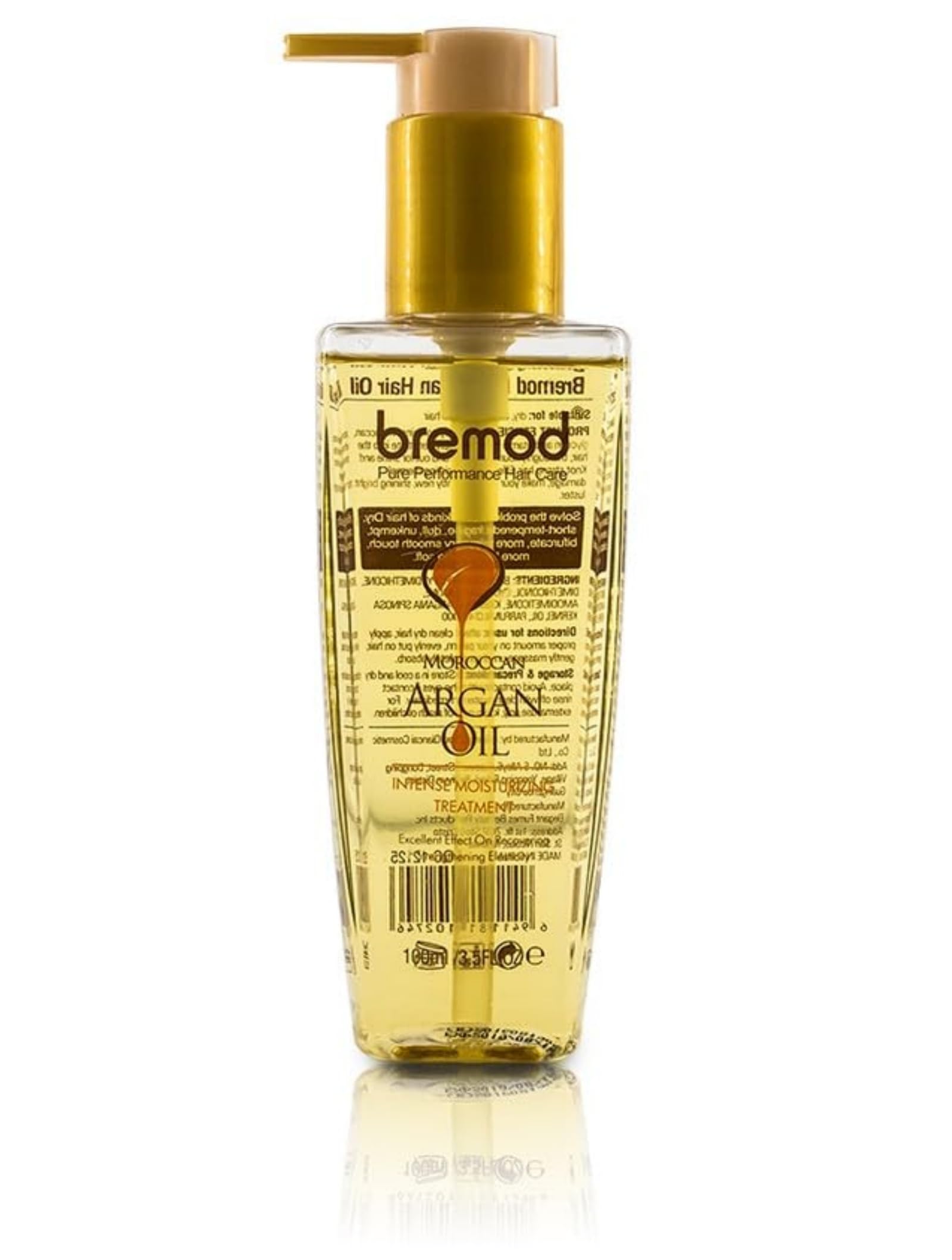 Bremod Performance leave-in argan oil bottle for hydration and frizz control.