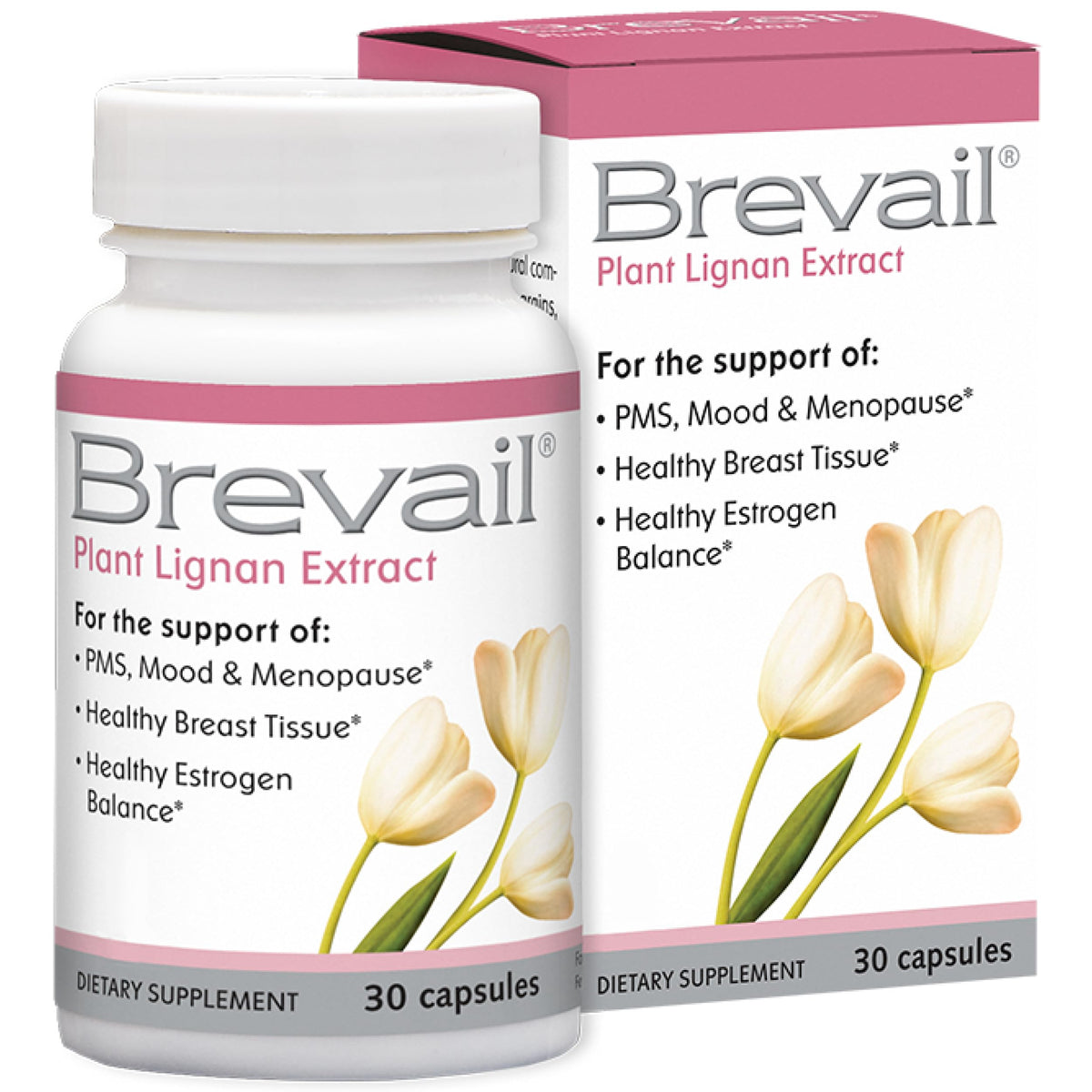Brevail Plant Lignan Extract capsules front view, 30-count