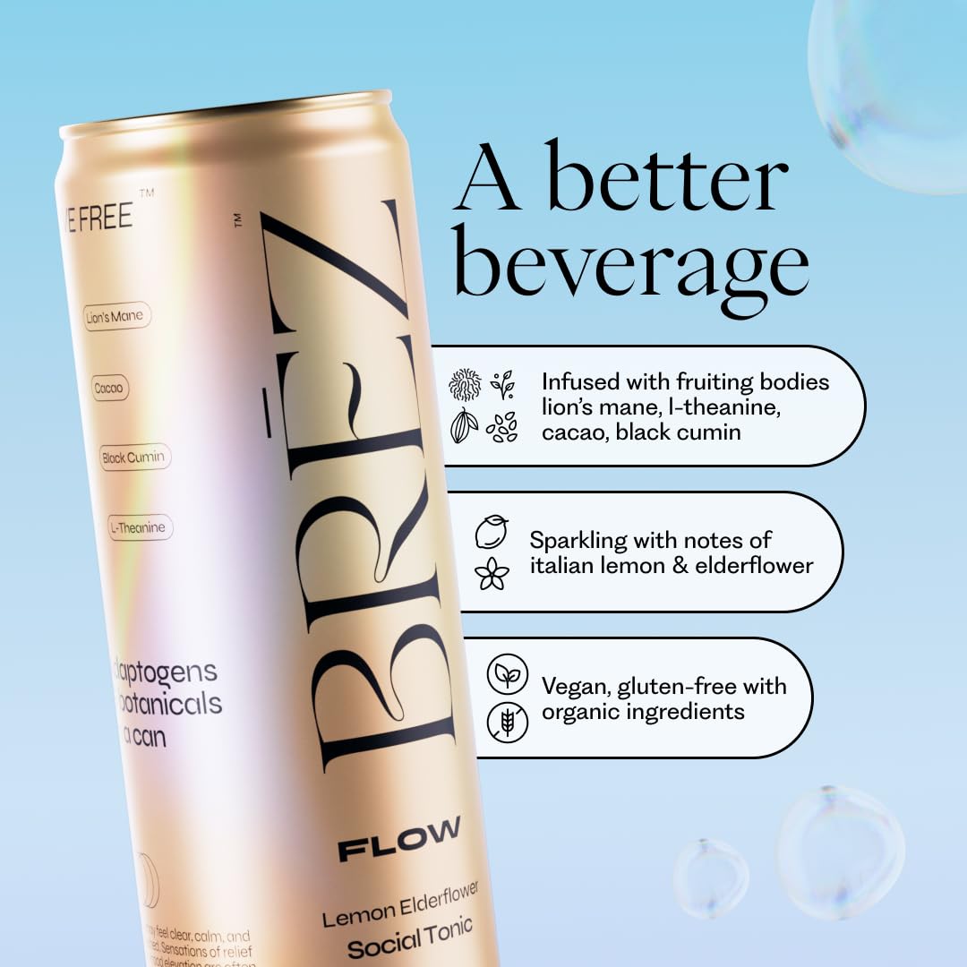 Close-up of BRĒZ Flow Sparkling Lemon Elderflower can