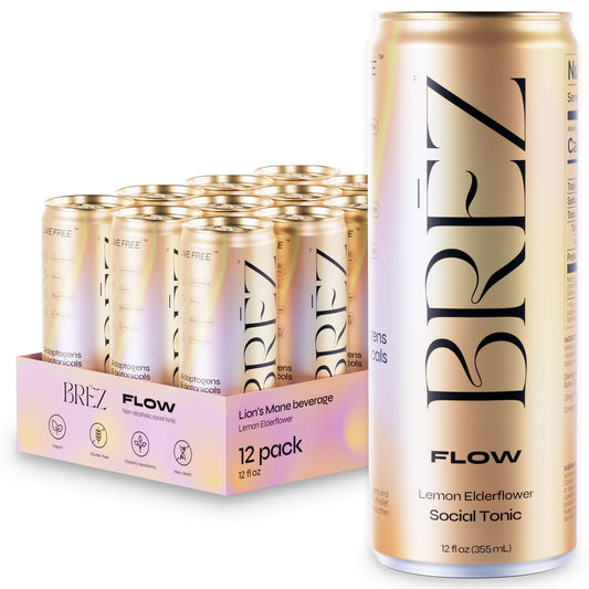Front view of BRĒZ Flow Lion’s Mane Drink 12-pack