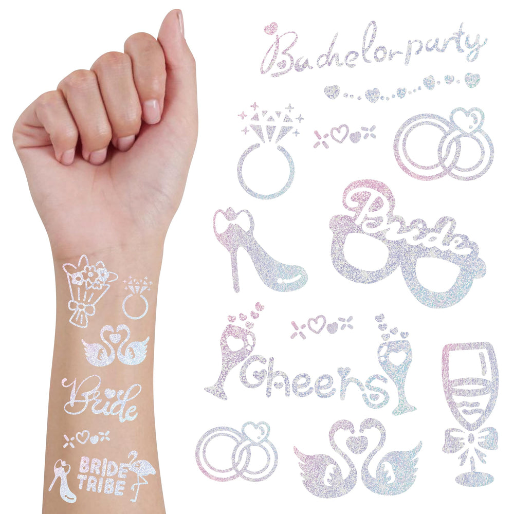 Bride Squad bachelorette tattoos pack front with iridescent foil for festive party decorations.