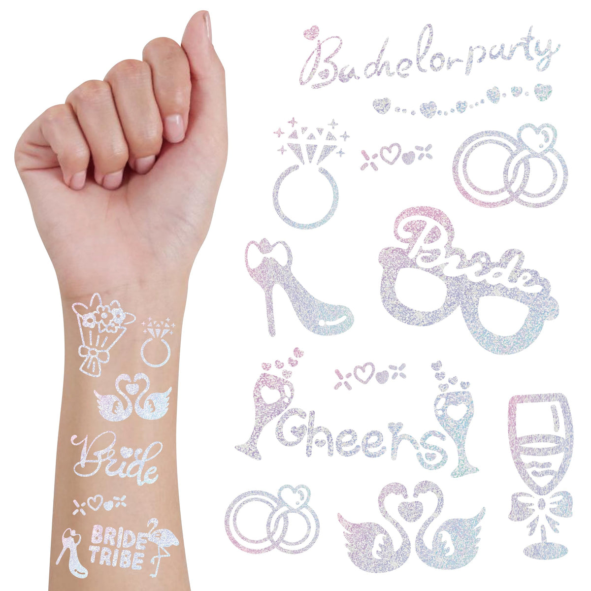 Bride Squad bachelorette tattoos pack front with iridescent foil for festive party decorations.