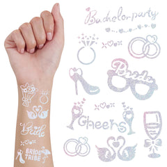 Bride Squad bachelorette tattoos pack front with iridescent foil for festive party decorations.