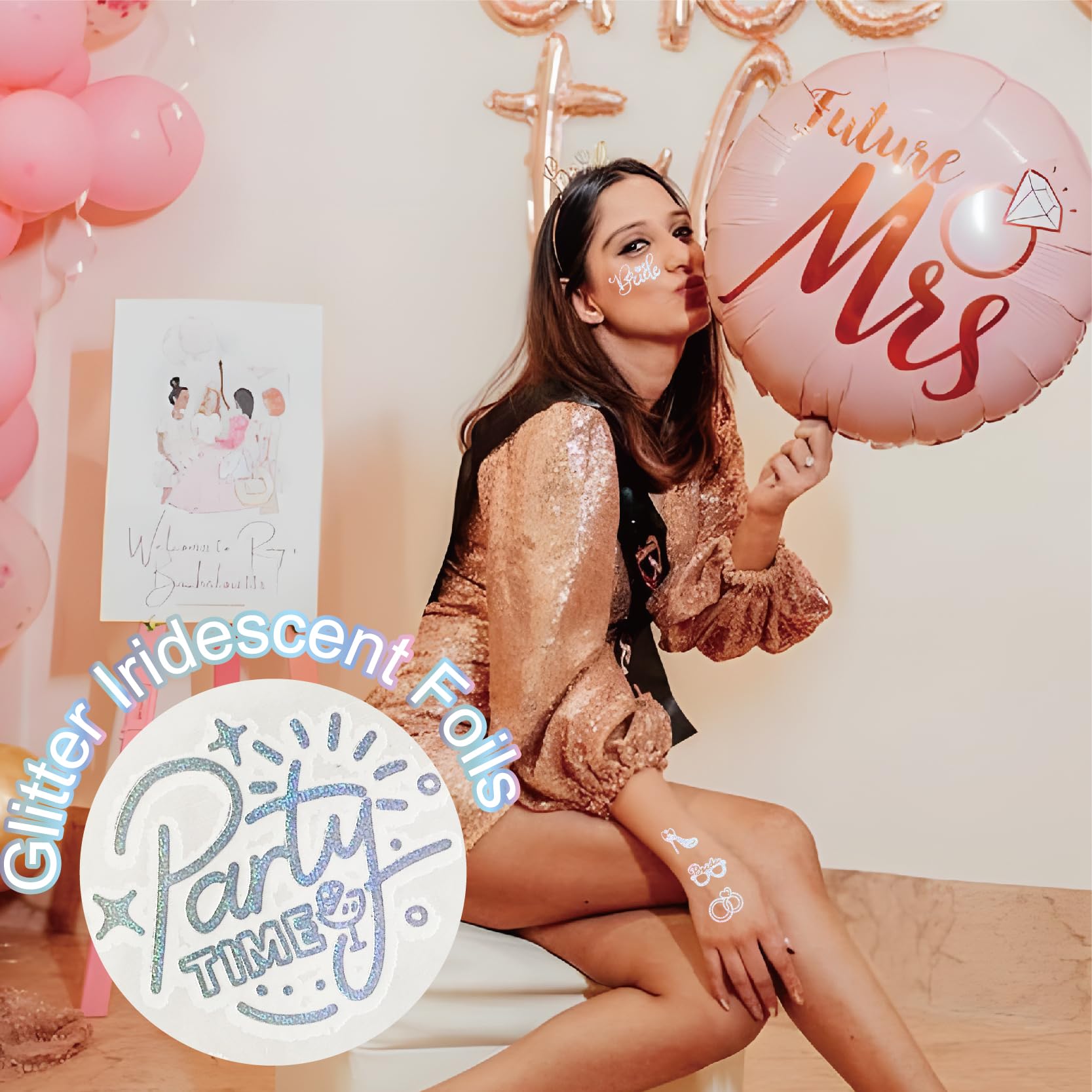 Bride Squad foil tattoos crown diamonds design adds sparkle to bridal celebrations.