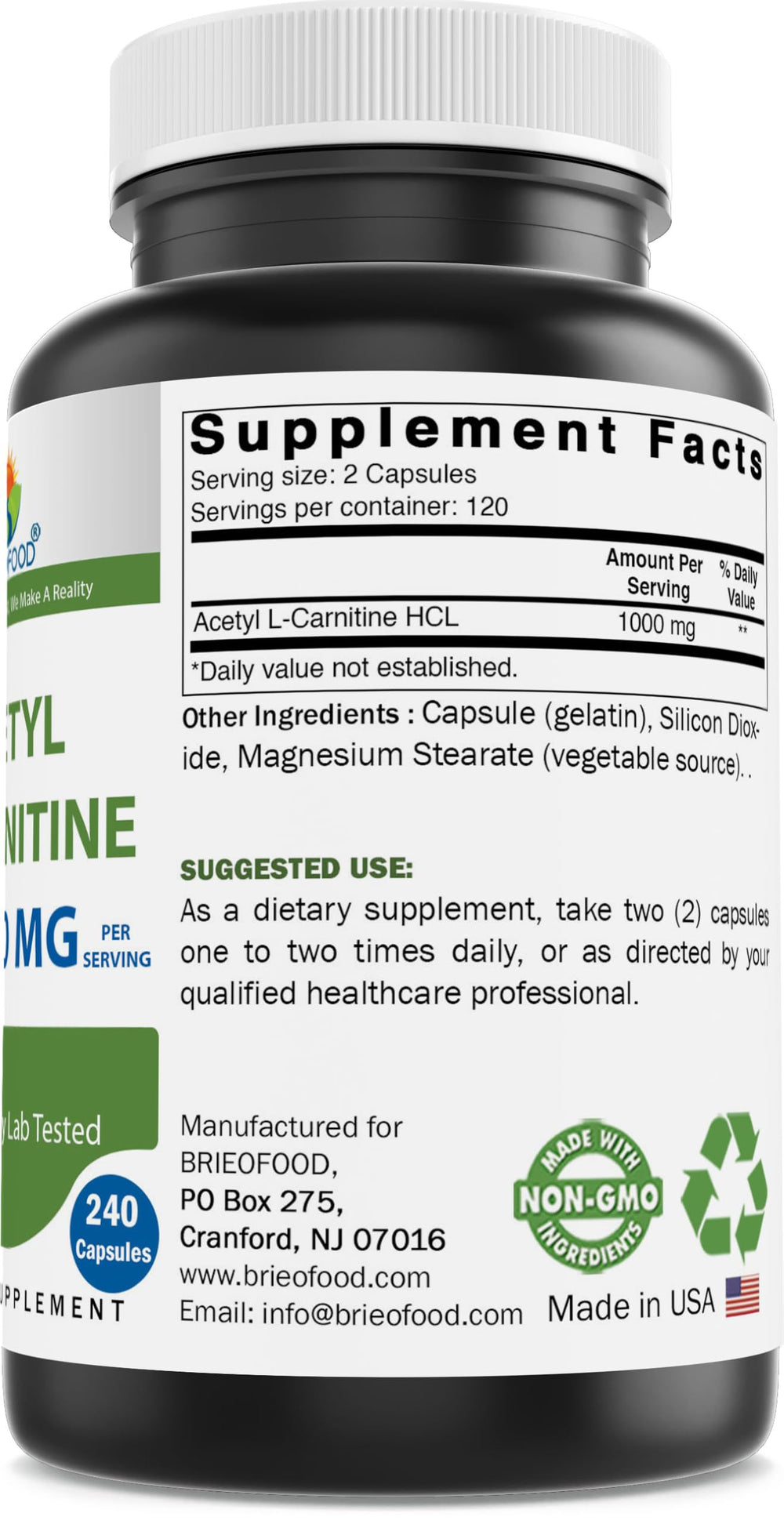 Capsules next to Brieofood Acetyl L-Carnitine bottle label