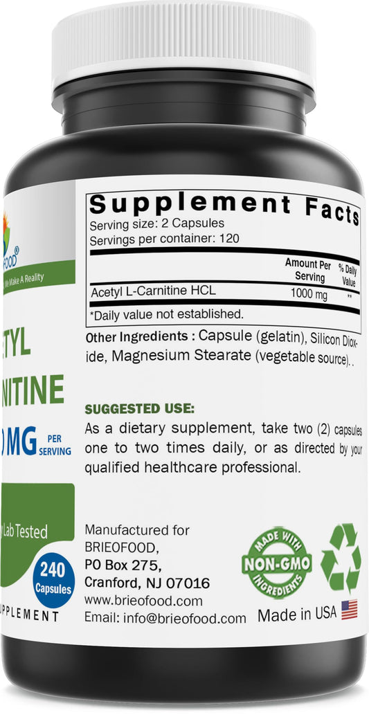 Capsules next to Brieofood Acetyl L-Carnitine bottle label