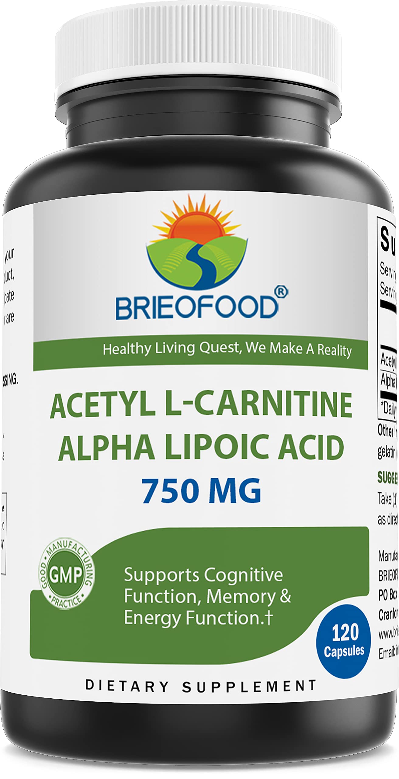 Brieofood Acetyl L-Carnitine Alpha Lipoic Acid 750 mg bottle and 120 capsules