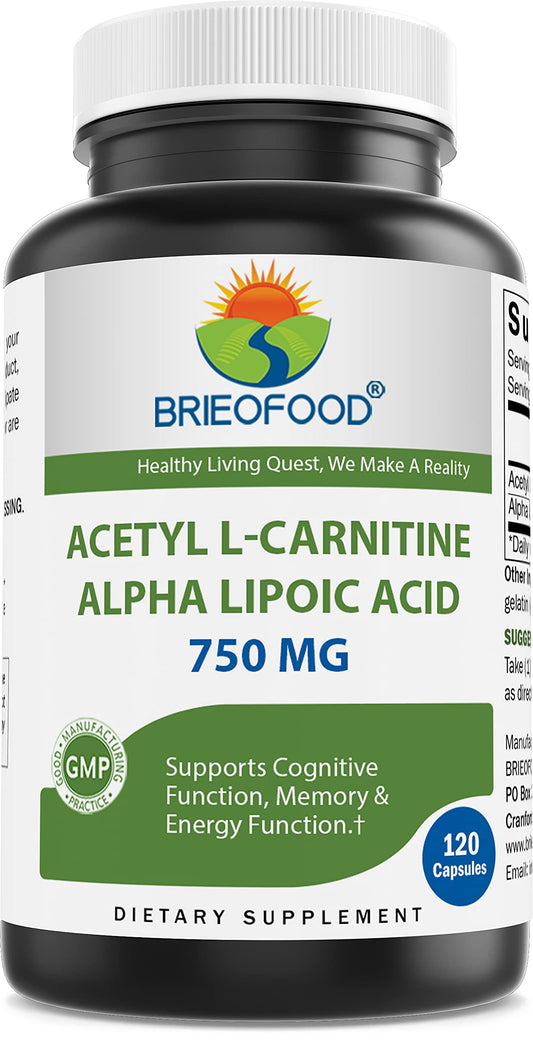 Brieofood Acetyl L-Carnitine Alpha Lipoic Acid 750 mg bottle and 120 capsules